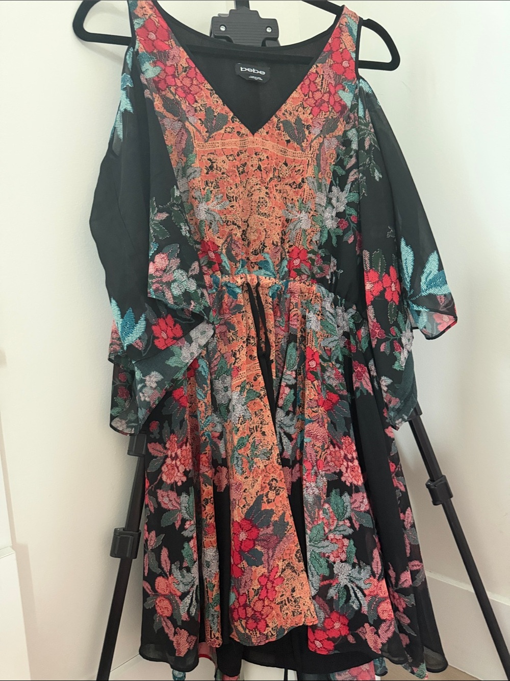 bebe Black Floral Cold-Shoulder Midi Dress with Red & Teal Accents